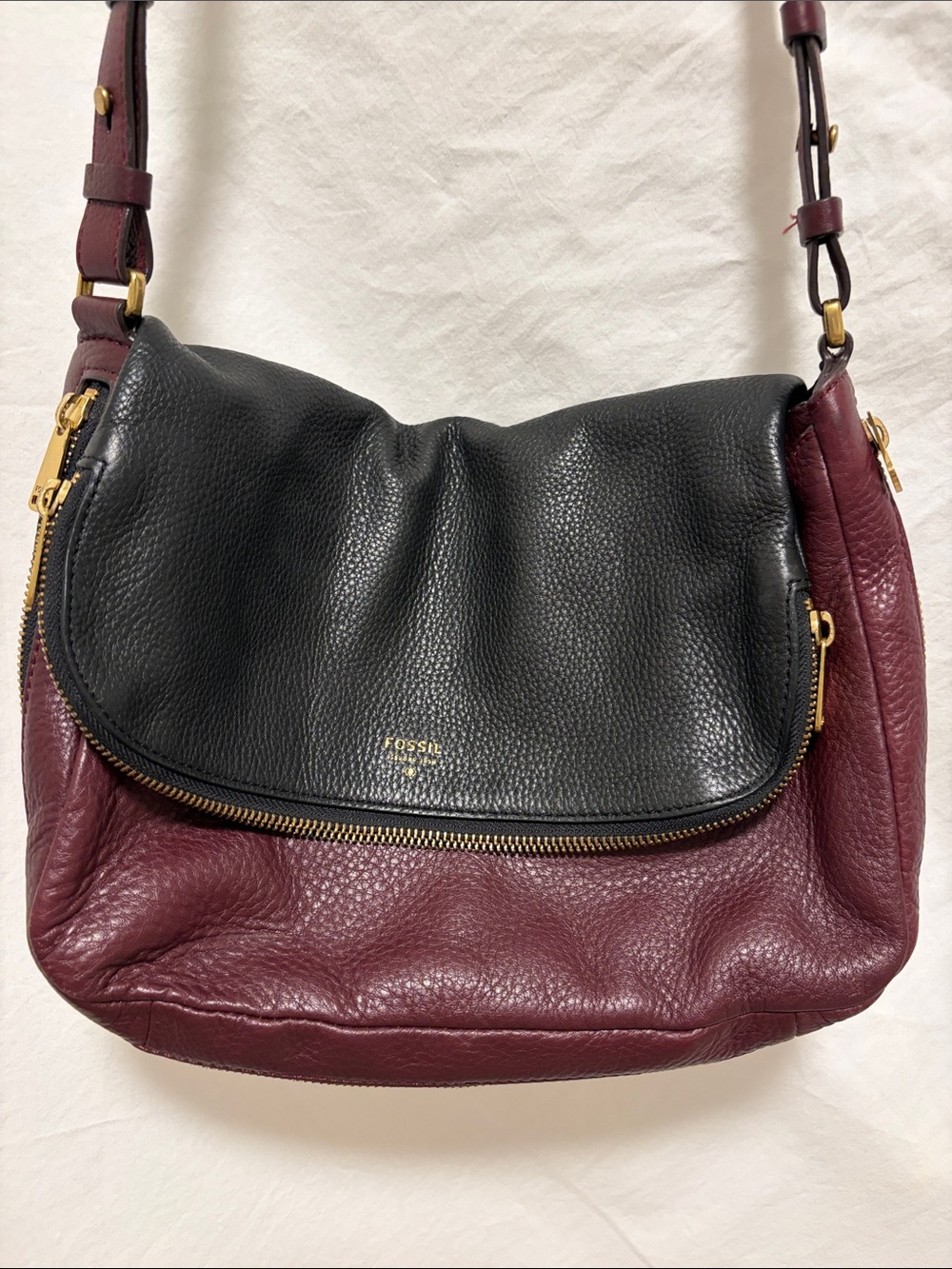 EUC Fossil Black and Burgundy Leather Flap Crossbody Bag